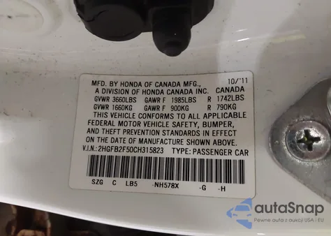 2012 Honda Civic Lx z USA, uszkodzony, nr VIN 2HGFB2F50CH315823